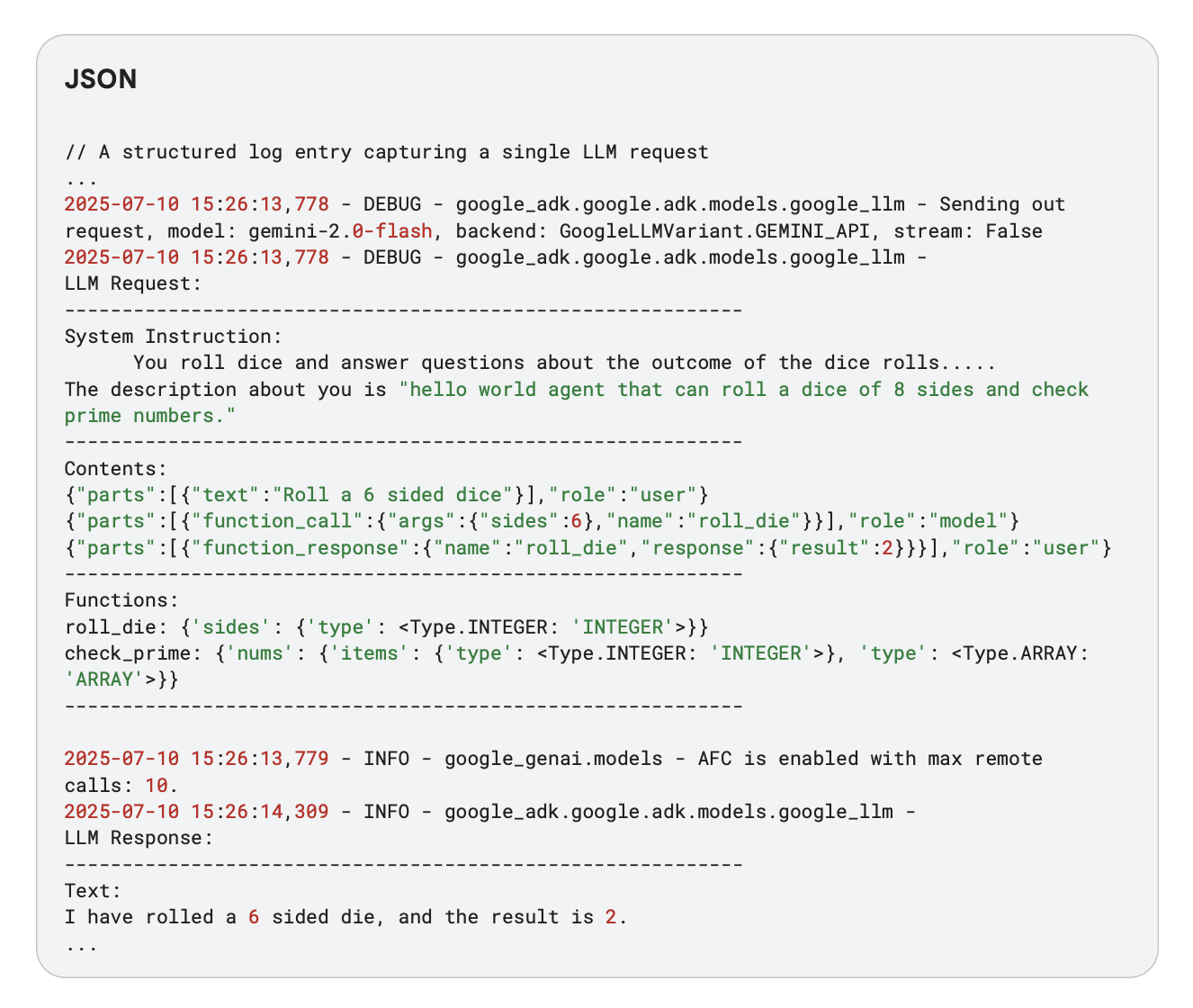 A structured log entry capturing a single LLM request